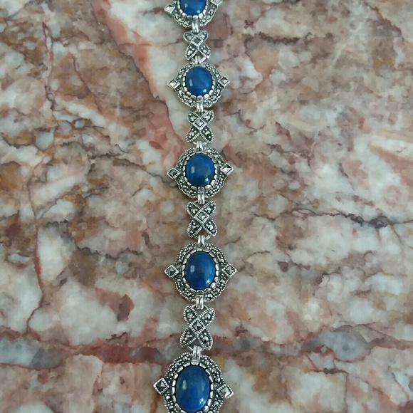 Lapis marcasite Station Bracelet 7.5" - Picture 2 of 7